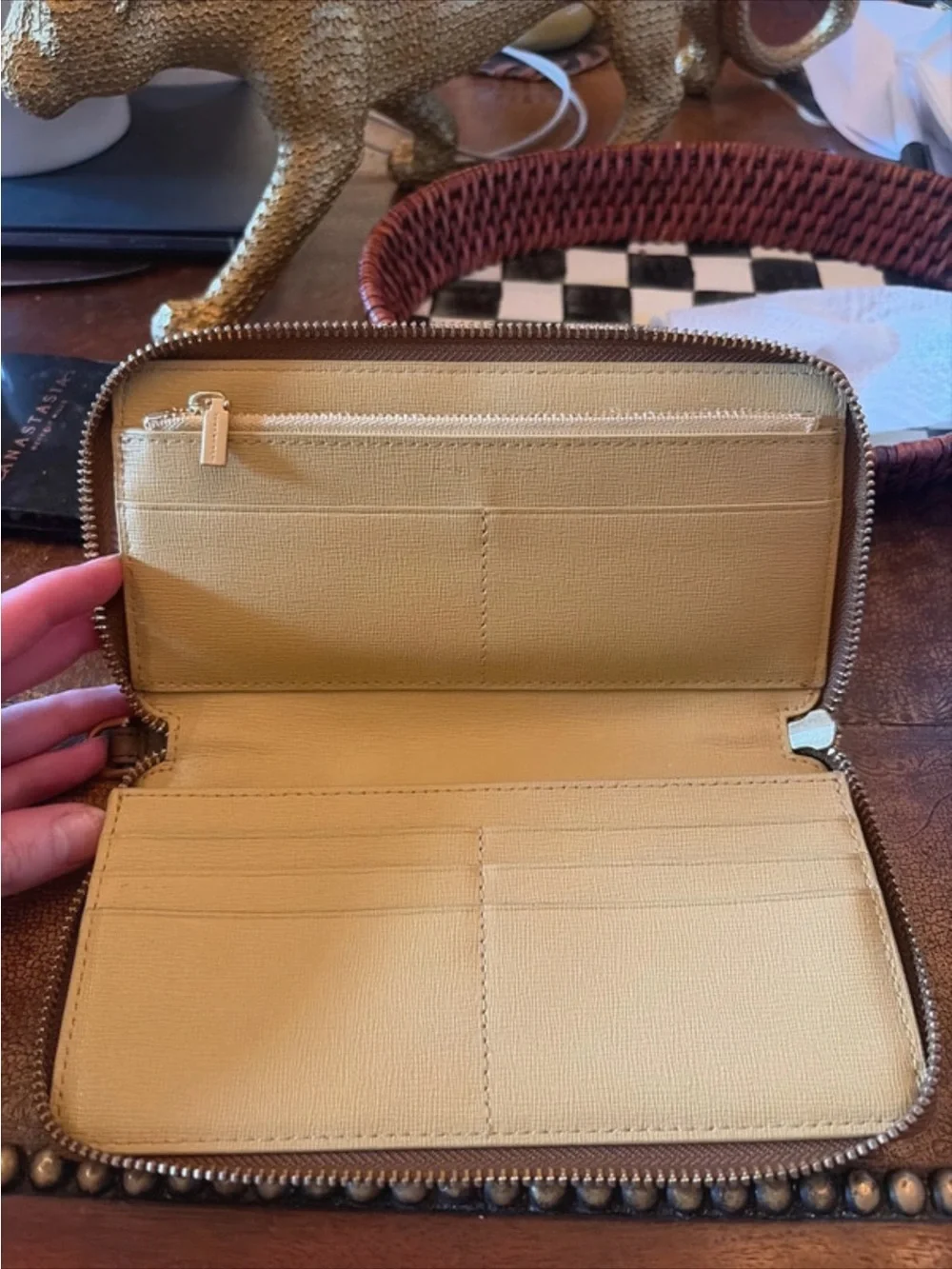 Tory Burch Brown Zip-Around Saffiano Wallet with Gold Logo